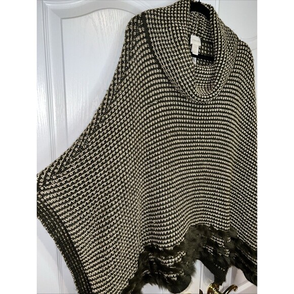 Chico’s Green Gold Shawl One Size OS Net Pullover Crochet Knit Shimmer Faux Fur - Picture 2 of 16